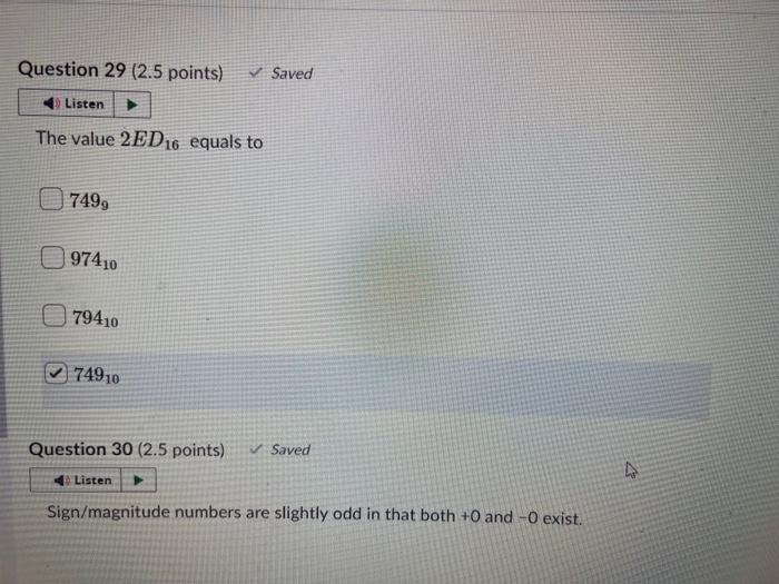 value 2ED16 equals to 7499 97410 79410 74910 Question 30 (2.5 points)