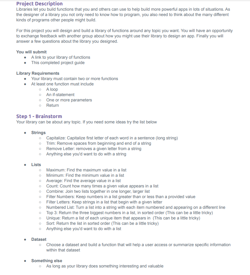 Code in JavaScript Please. Project Description Libraries let you build functions that