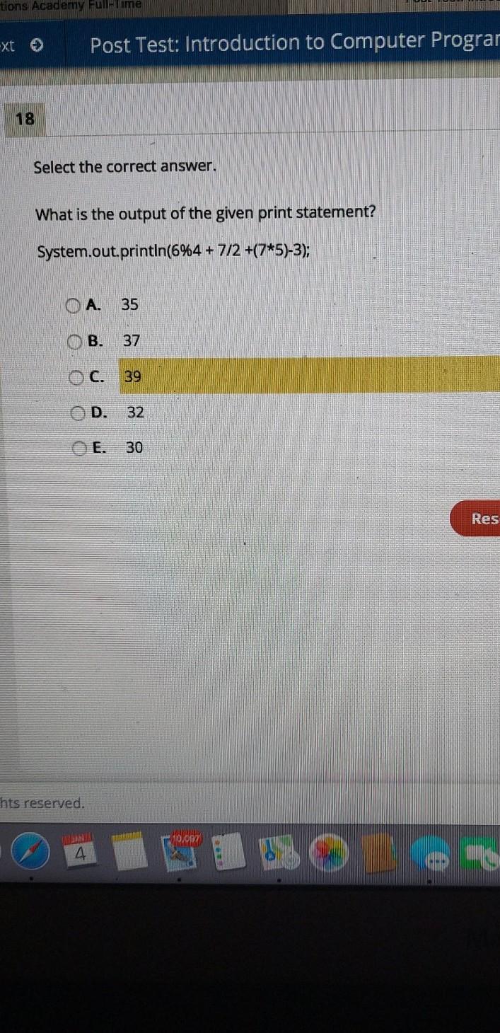 tions Academy Full Time xt Post Test: Introduction to Computer Prograr