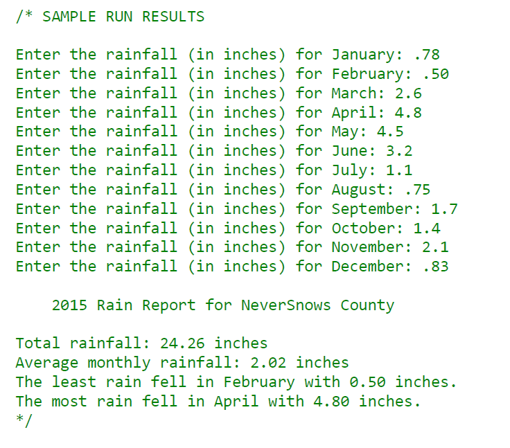 // Chapter 8 - Programming Challenge 12, Stats Class and Rainfall Statistics