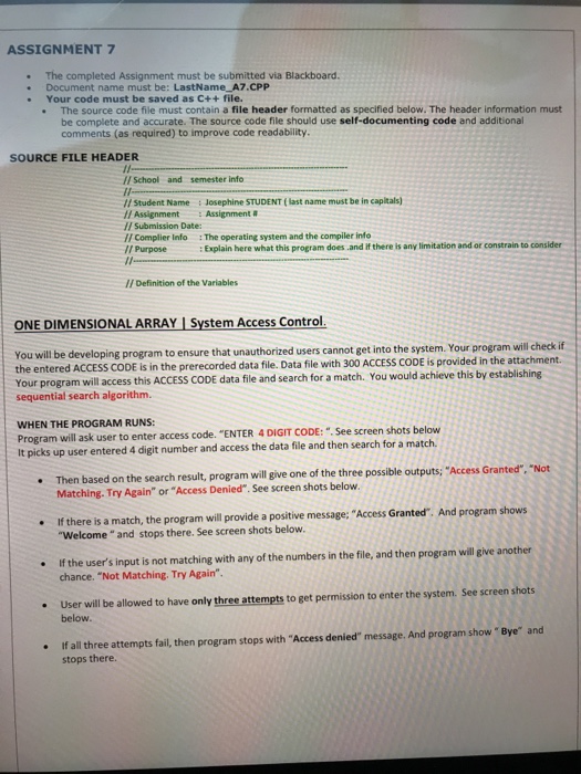  Using C++ programming. One Dimensional Array. ASSIGNMENT 7 The completed Assignment