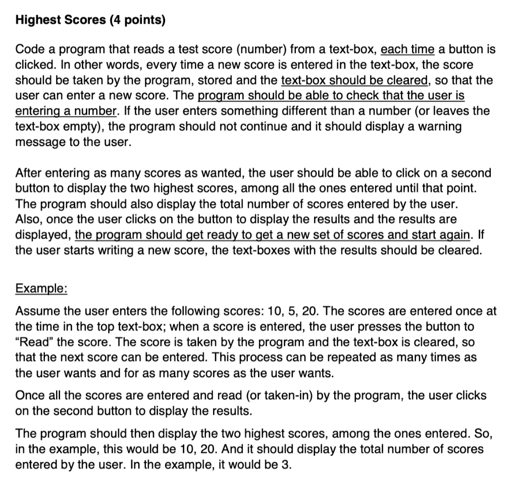 Code a program that reads a test score(number)from a text-box, each time