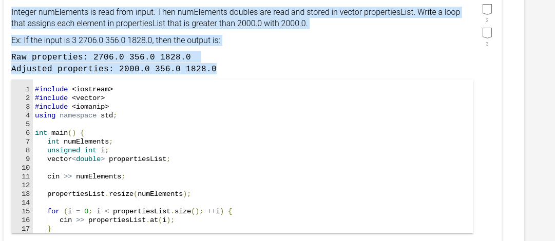  Integer numElements is read from input. Then numElements doubles are read