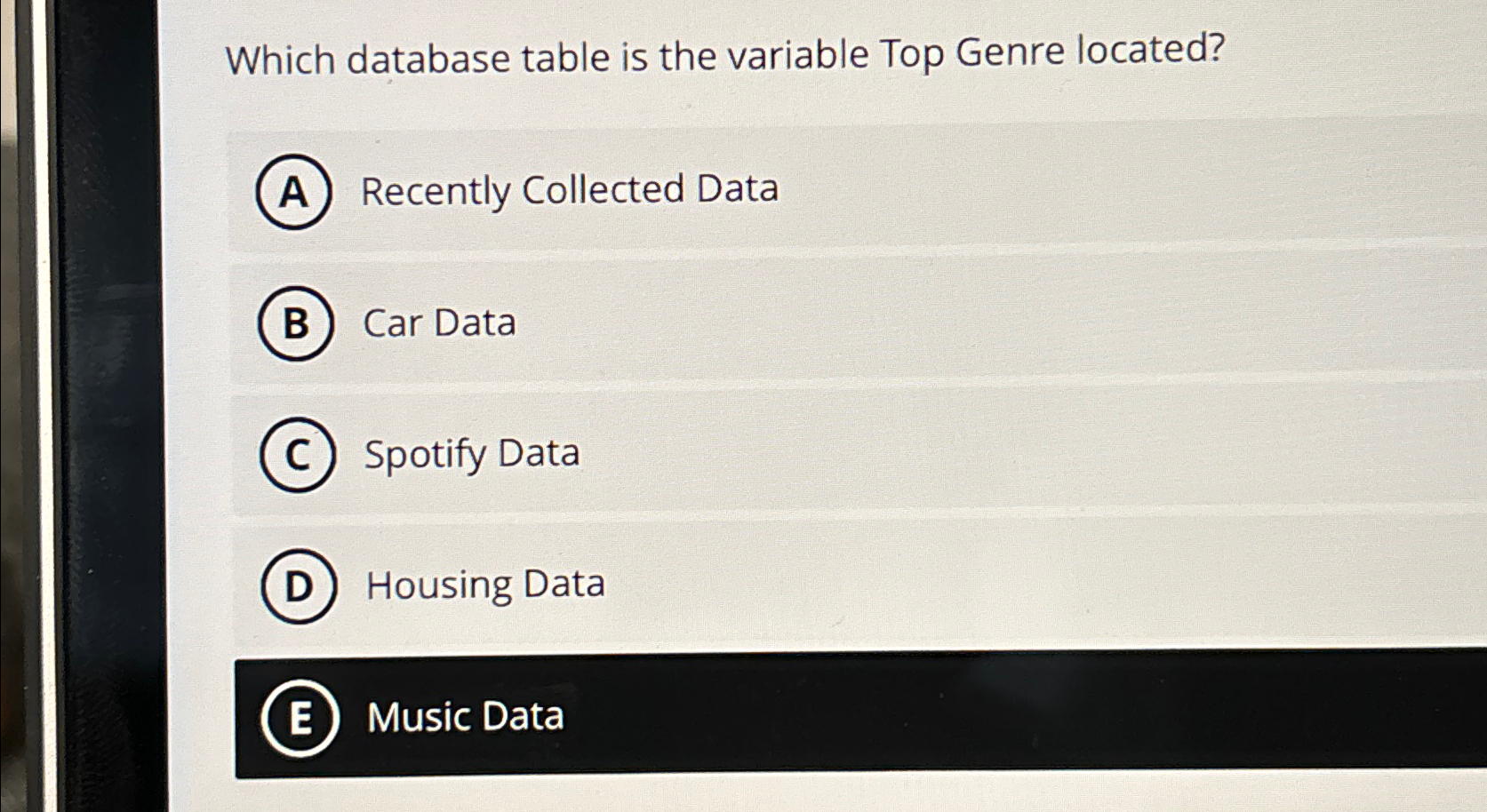  Which database table is the variable Top Genre located? Recently Collected