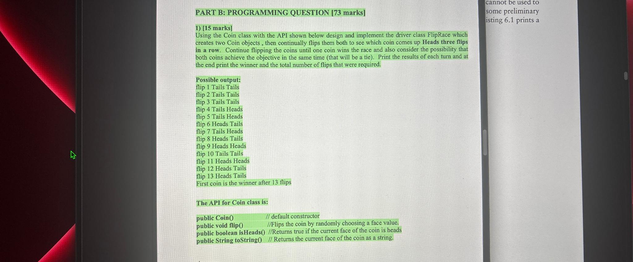  PART B: PROGRAMMING QUESTION [73 marks] [15 marks] Using the Coin