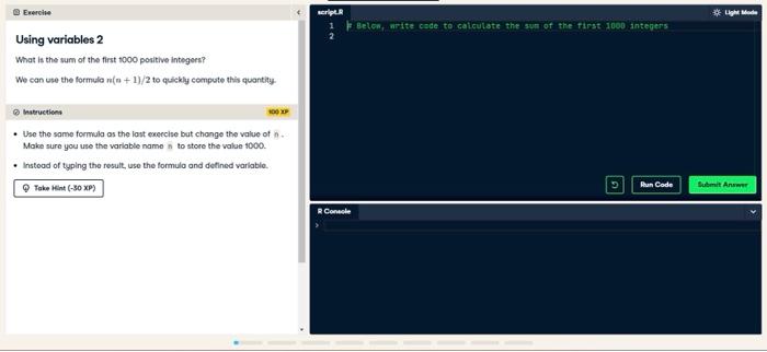  Exercise seript. * High Made Belor, write code to calculate the
