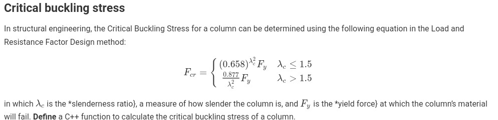  using basic C ++ skills answer the question Critical buckling stress