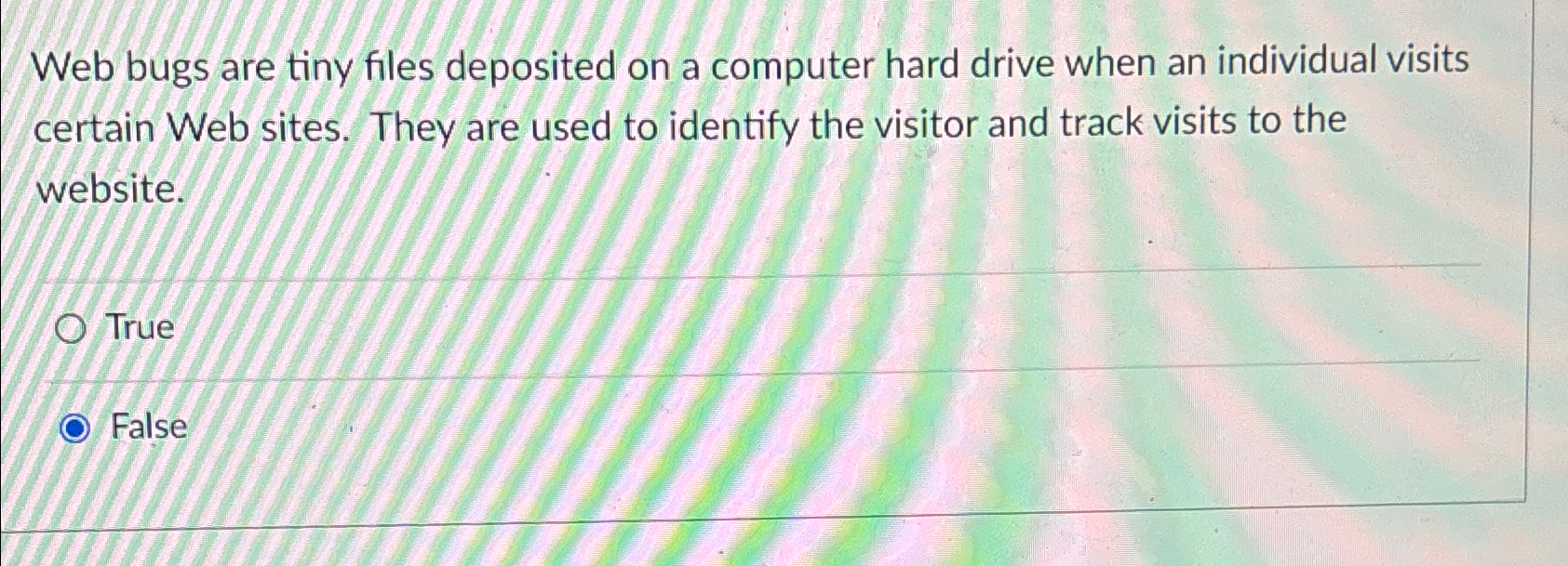  Web bugs are tiny files deposited on a computer hard drive