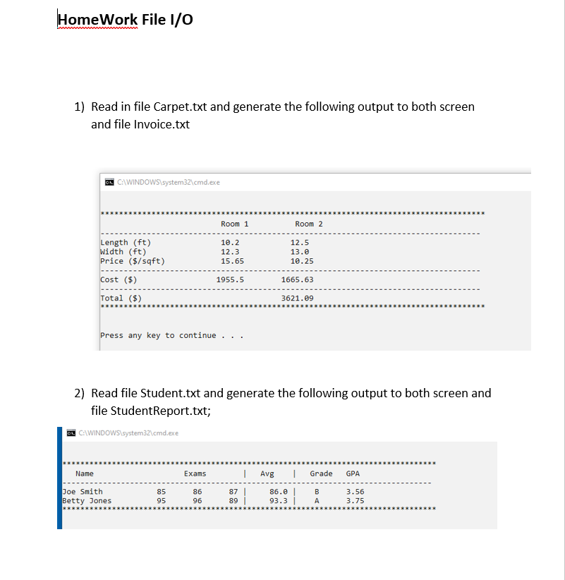 programming language is Java Student.txt Carpet.txt Home Work File I/O www 1)