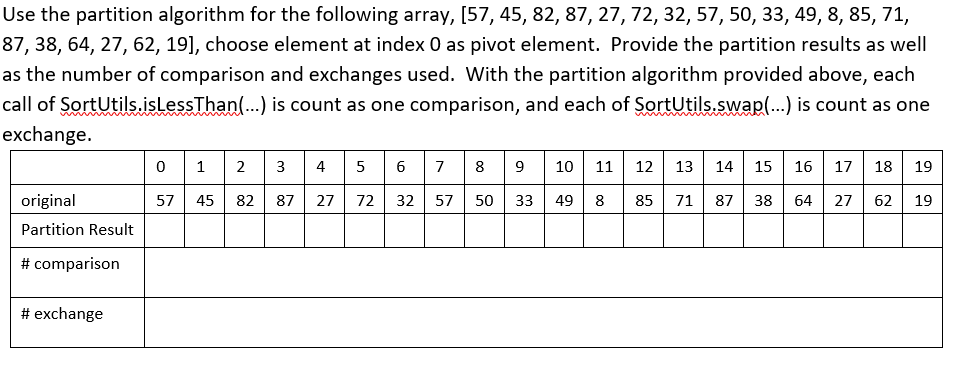 Use the partition algorithm for the following array, [57, 45, 82,