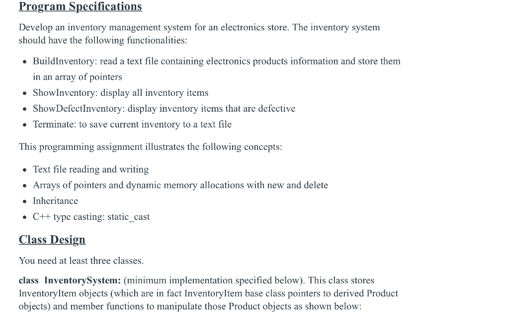IN C++ Program Specifications Develop an inventory management system for an electronics