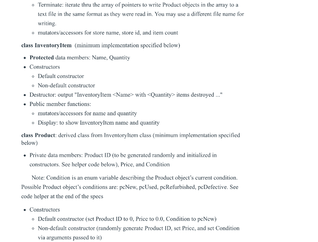 of pointers ShowInventory: display all inventory items Show DefectInventory: display inventory items