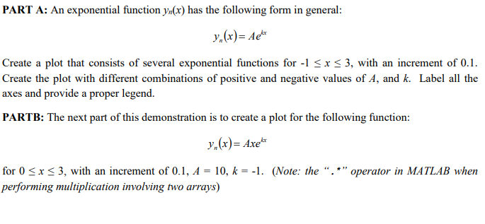 USE MATLAB PART A: An exponential function yn(x) has the following