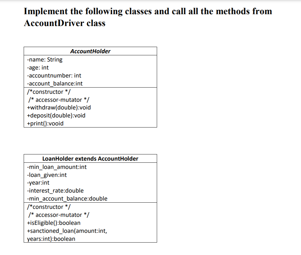  Implement the following classes and call all the methods from AccountDriver