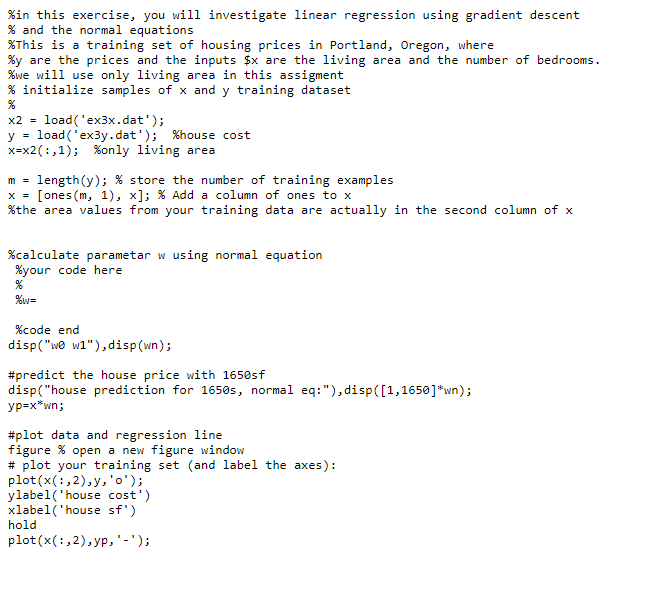 wdraw 1( iter )=w(2) plot3(w(1),w(2),cost(iter),'rv",'markersize',10) The training set of housing prices in