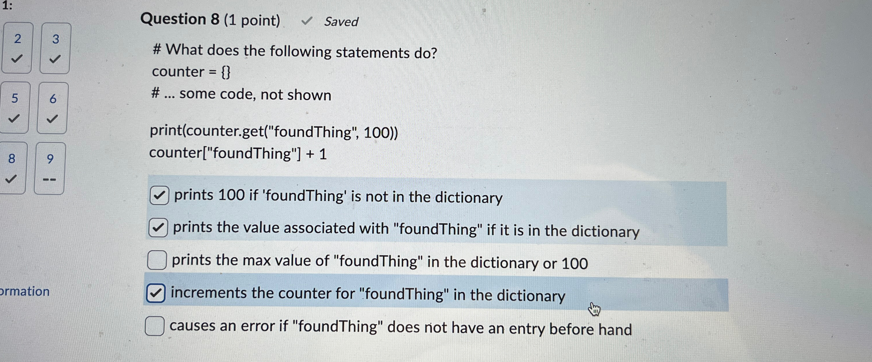  Question 8(1 point) Saved # What does the following statements do?