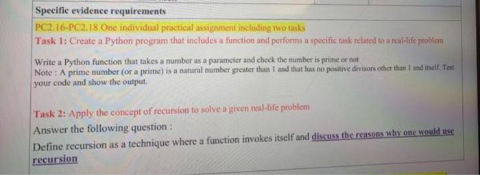 Specific evidence requirements PC2.16-PC2.18 One individual practical assignment including two tasks