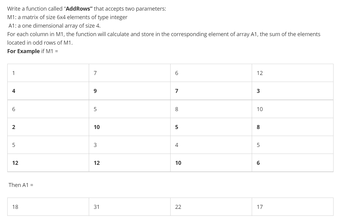  Write a function called "AddRows" that accepts two parameters: M1: a