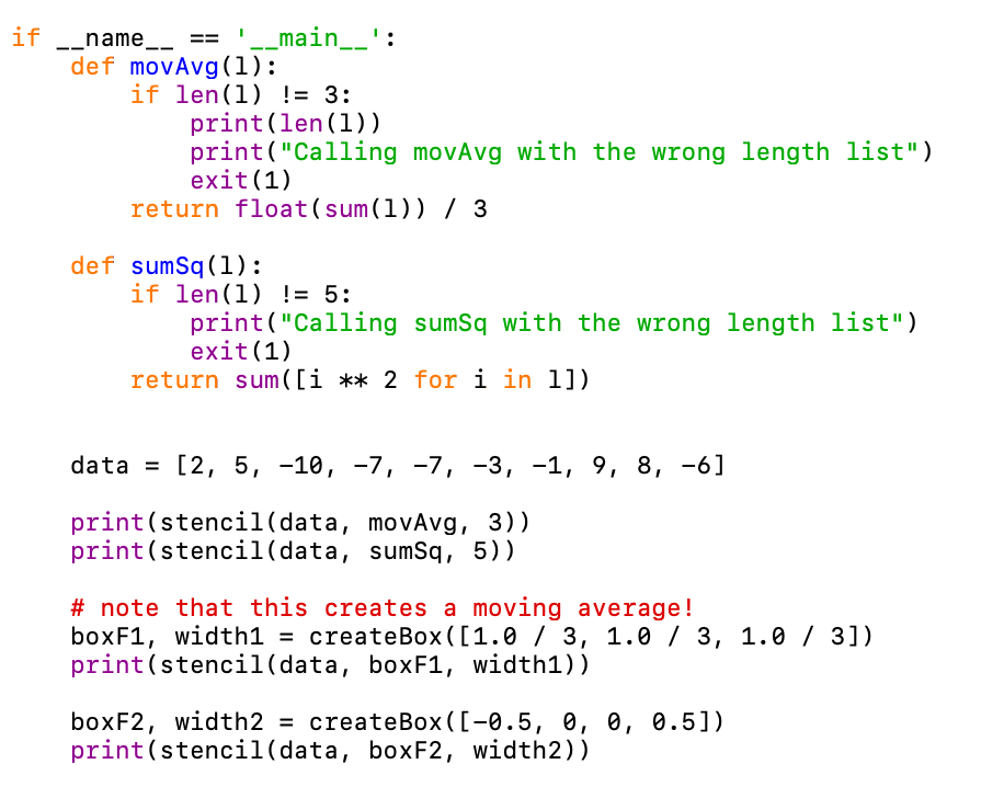 the two functons in problem2.py : 1. stencil(data, f, width) : This