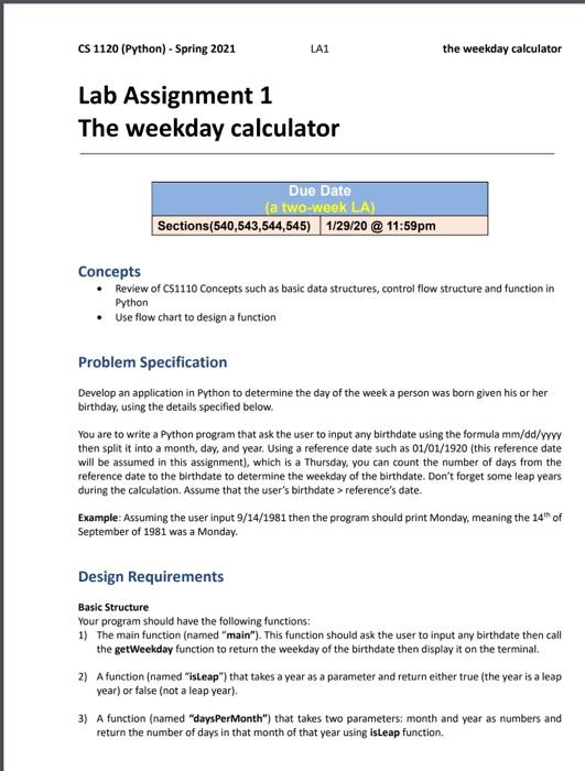  CS 1120 (Python) - Spring 2021 LA1 the weekday calculator Lab
