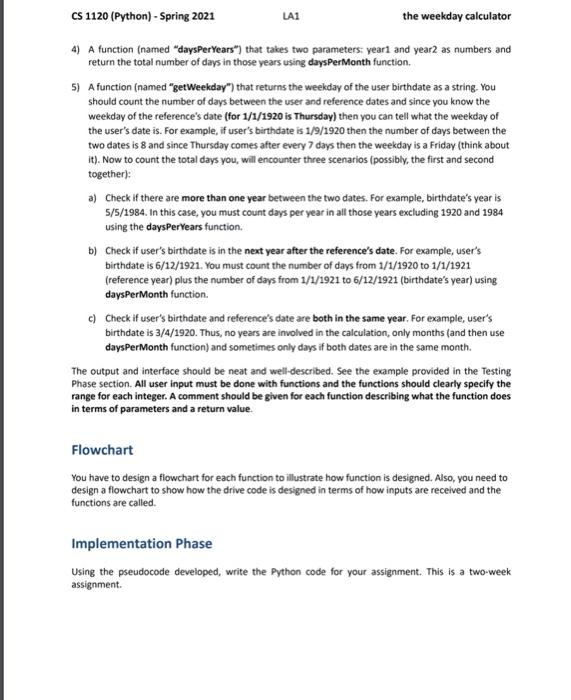 Assignment 1 The weekday calculator Due Date (a two-week LA) Sections(540,543,544,545) 1/29/20
