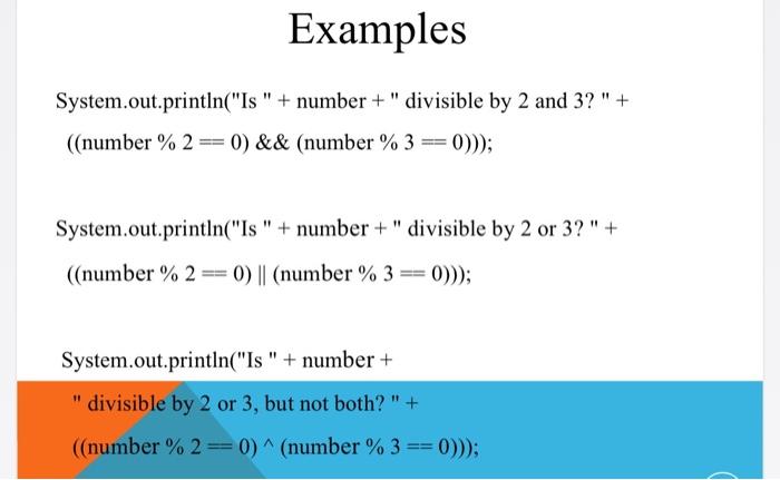  Examples System.out.println("Is " + number + " divisible by 2 and