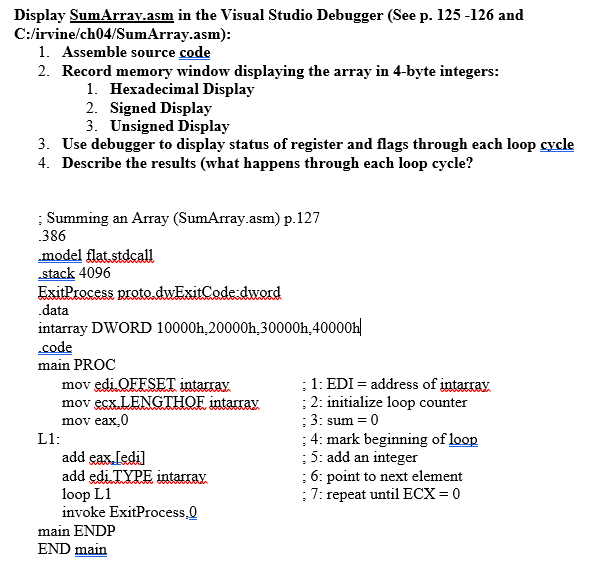 Assembly Language x86 Display SumArray.asm in the Visual Studio Debugger (See p.