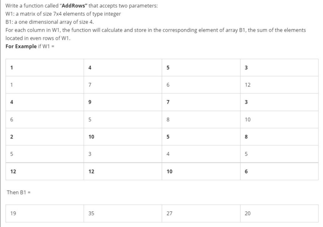  Write a function called "Add Rows" that accepts two parameters: W1: