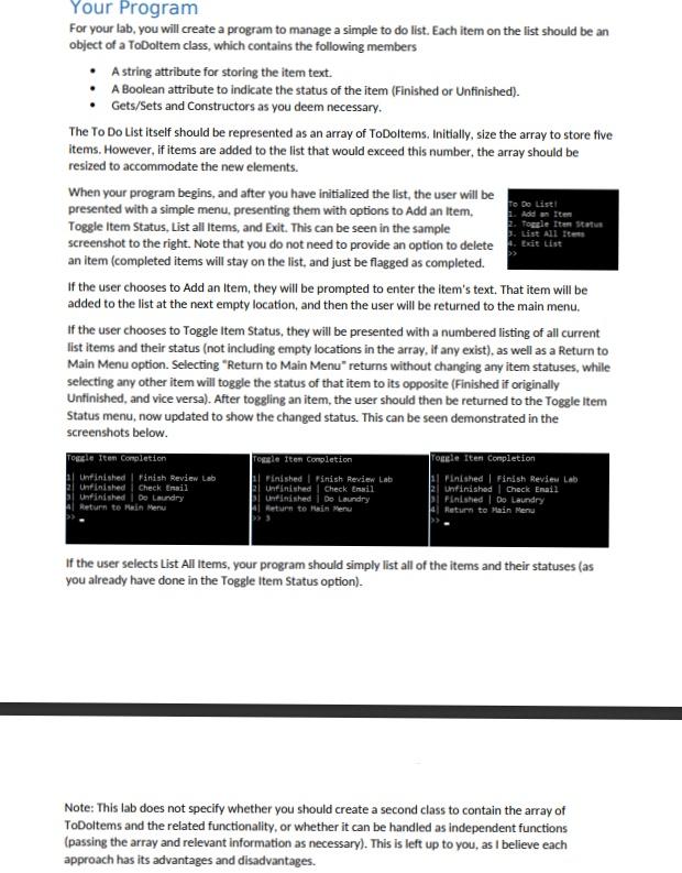  List All Items Exit List Your Program For your lab, you