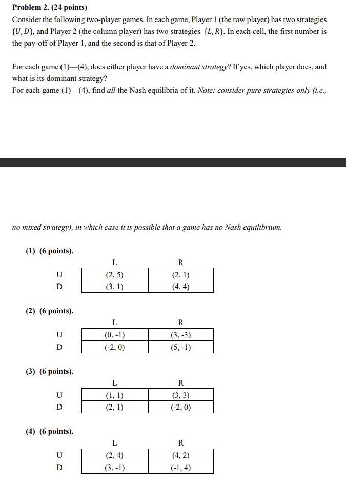 Problem 2. (24 points) Consider the following two-player games. In each game,