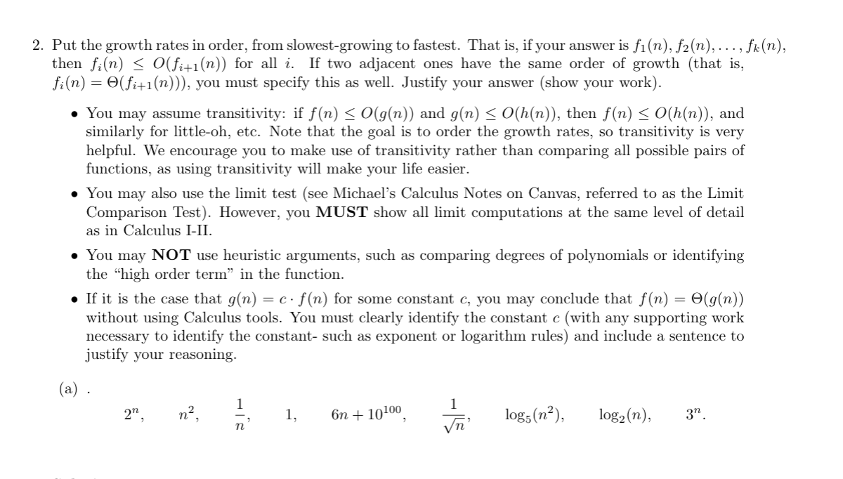 Algorithm question 2. Put the growth rates in order, from slowest-growing to