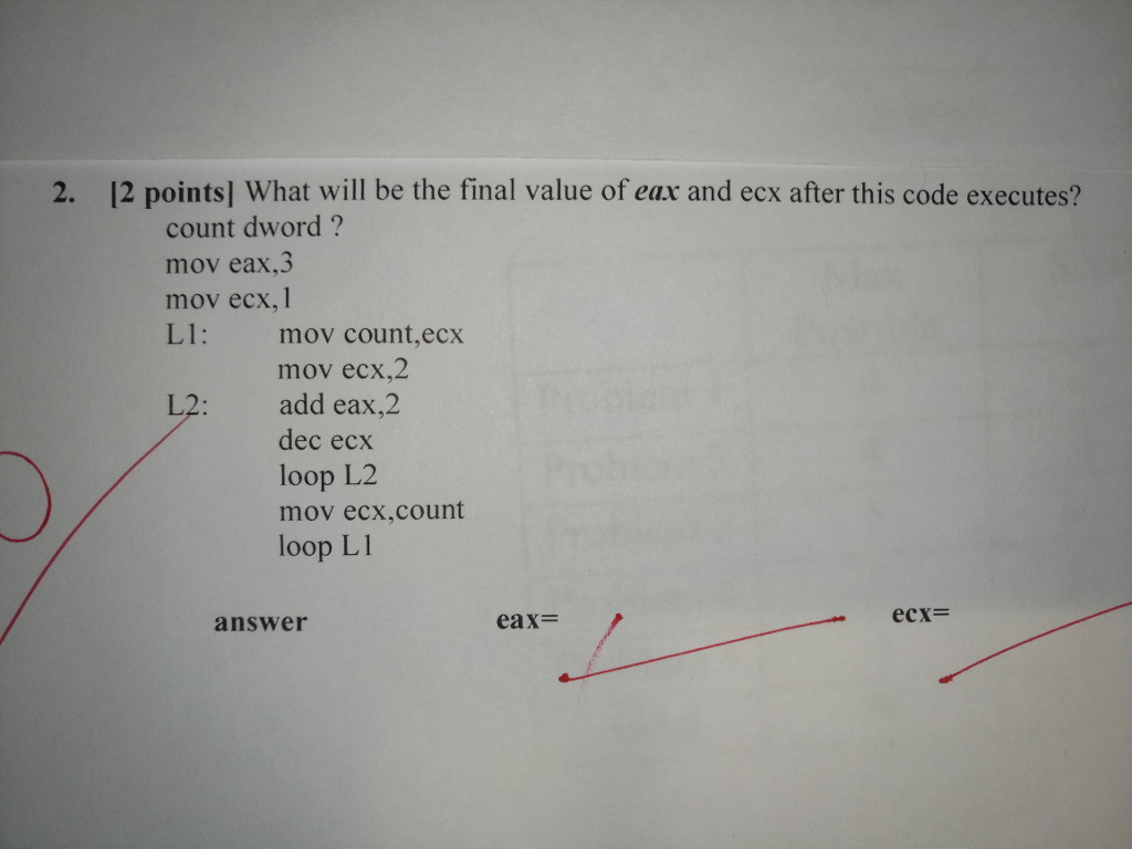 Intel x86 assembly Also please show work so that I could understand