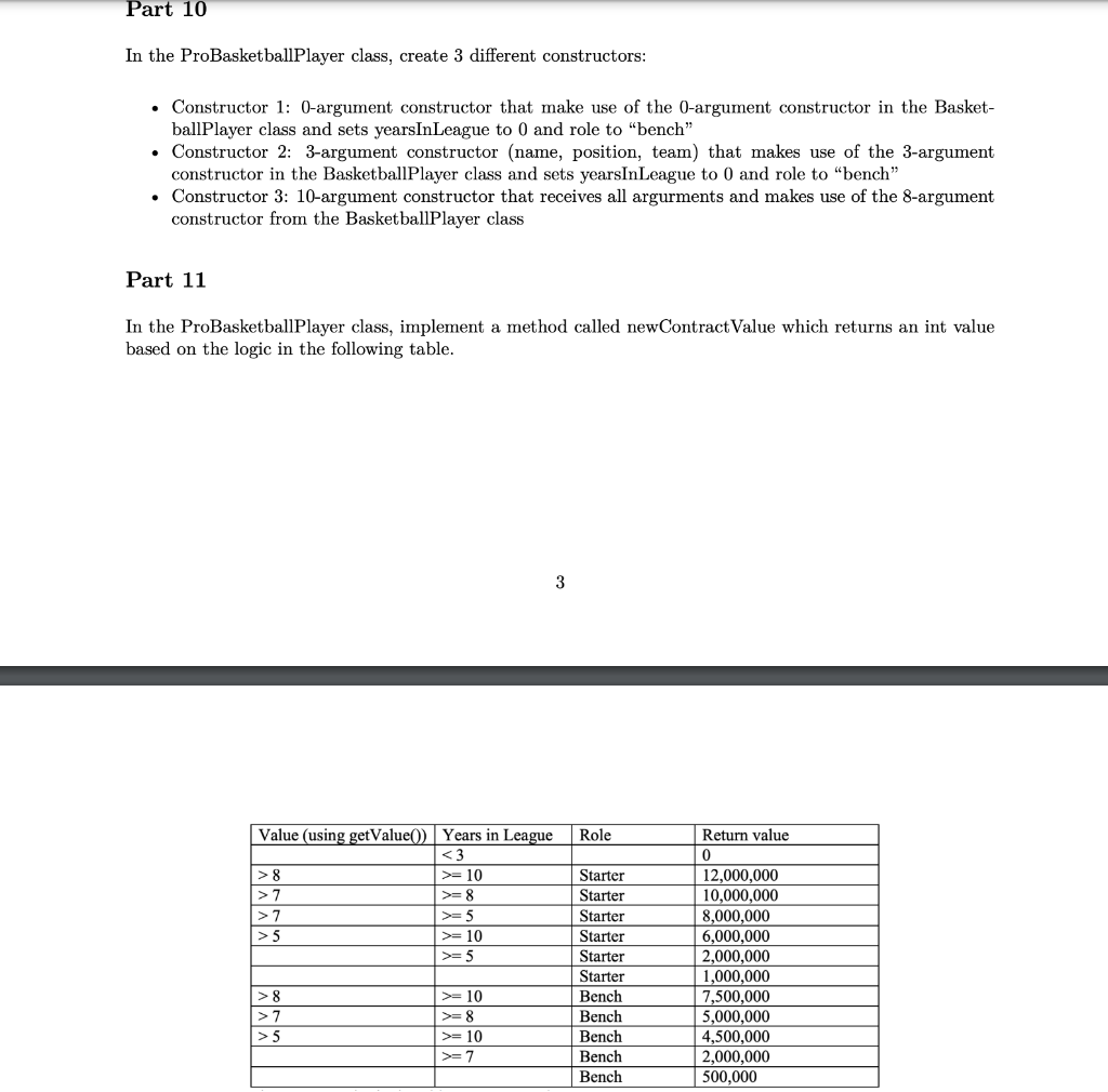  java Part 10 In the ProBasketballPlayer class, create 3 different constructors: