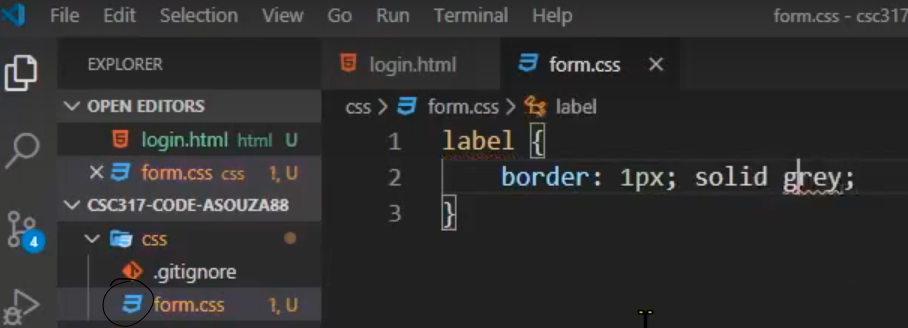 like this other one How do i fix it? form.css CSC317-code-mle242 EXPLORER