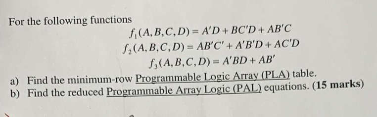 For the following functions fi(A,B,C,D) = A'D + BC'D + AB'C