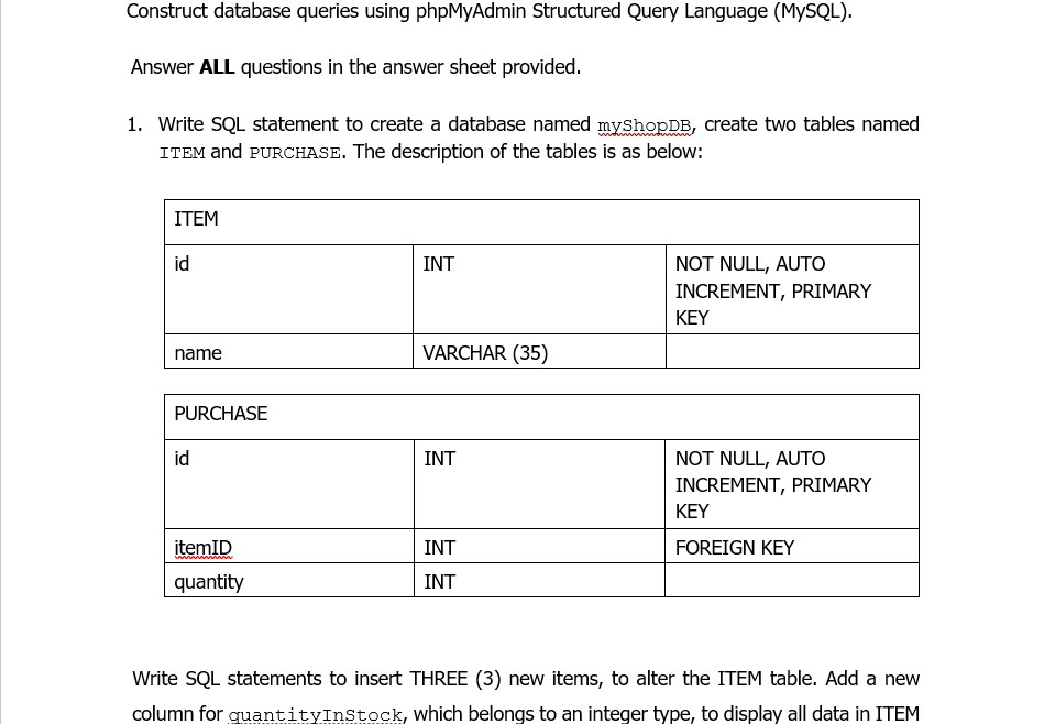 CREATE A DATABASE FROM PHPMYADMIN(MYSQL) FROM THE 3 QUESTIONS GIVEN. PLEASE ANSWER
