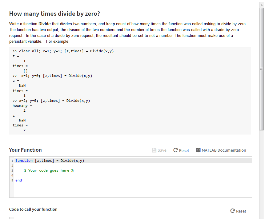 matlab How many times divide by zero? Write a function Divide that