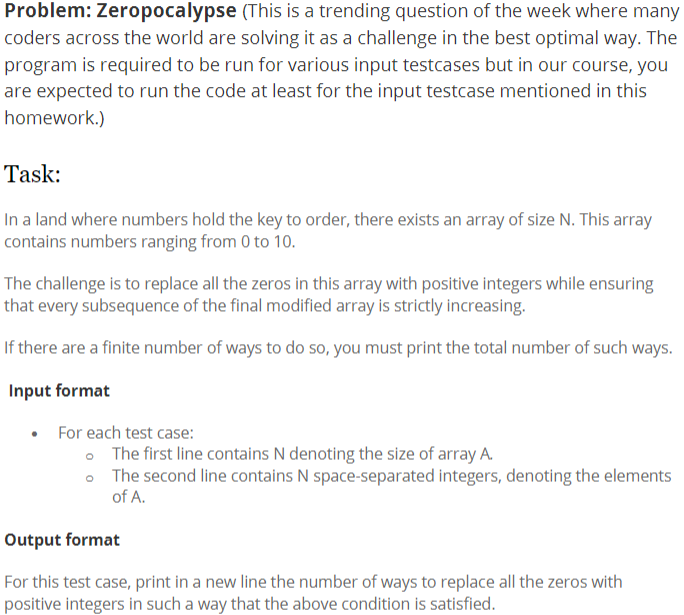  *WRITE IN JAVA* Create classes Zeropocalypse and Testmain. Create a method
