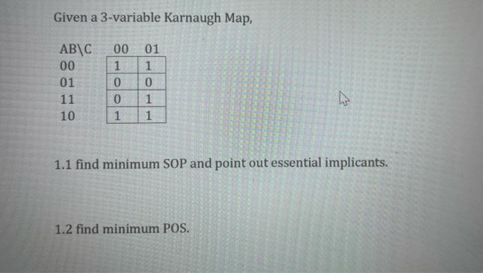  Given a 3-variable Karnaugh Map, AB\C 00 01 11 10 00