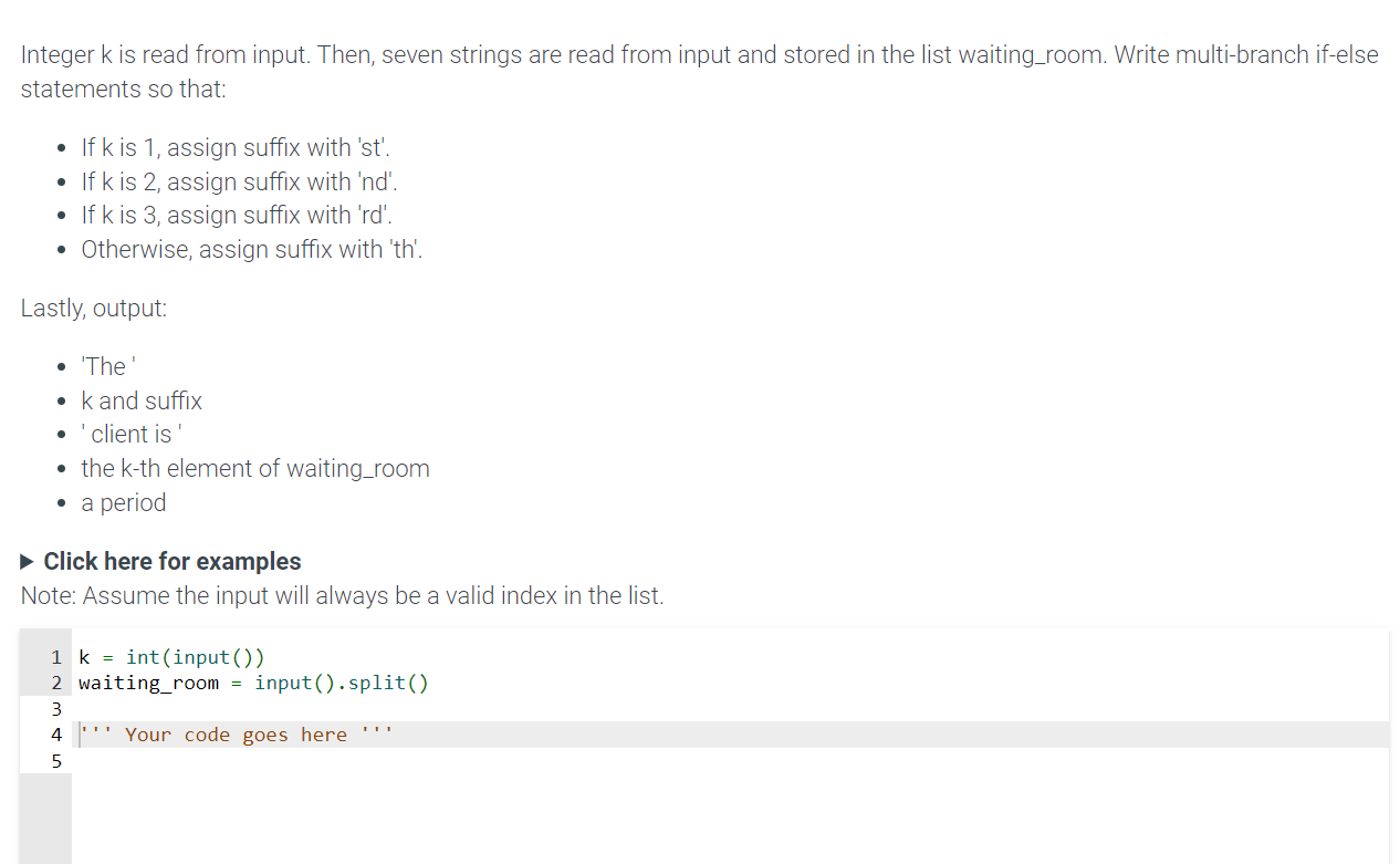  please help me solve thisInteger k is read from input. Then,