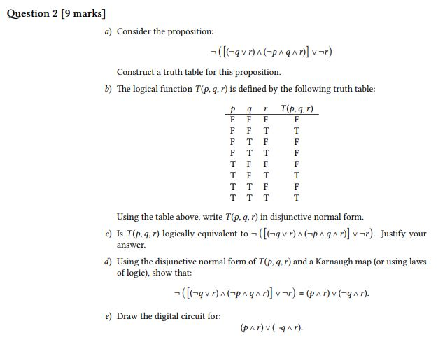  Question 2 [9 marks] a) Consider the proposition: Construct a truth