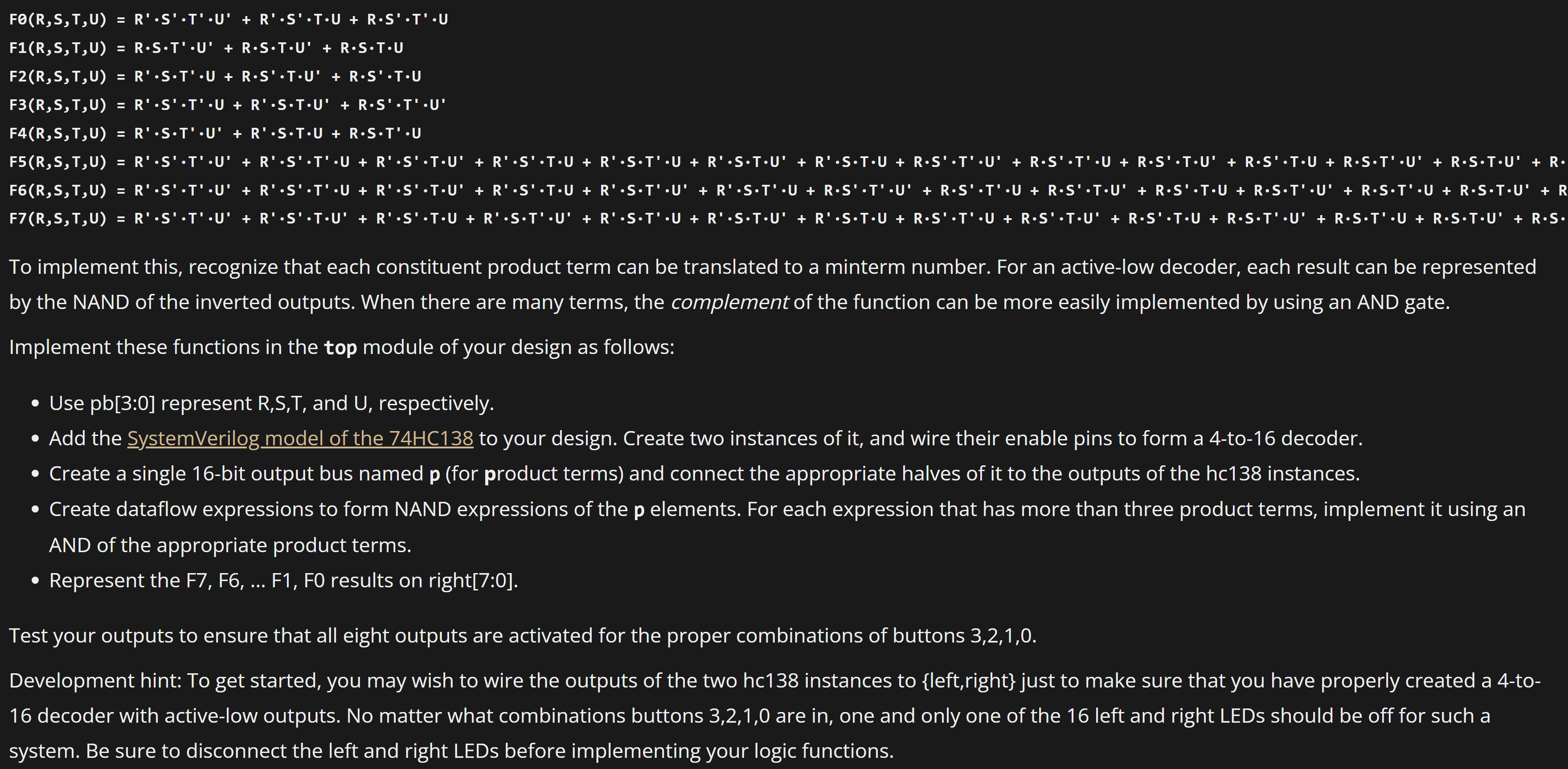  Given following instructions, implement a 4:16 decoder. 