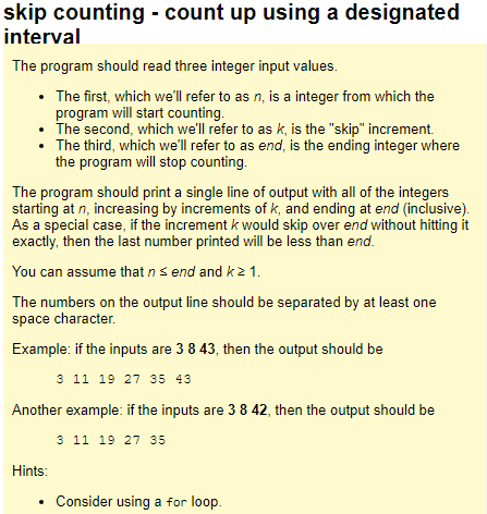 Need help programing this problem in C. skip counting count up using