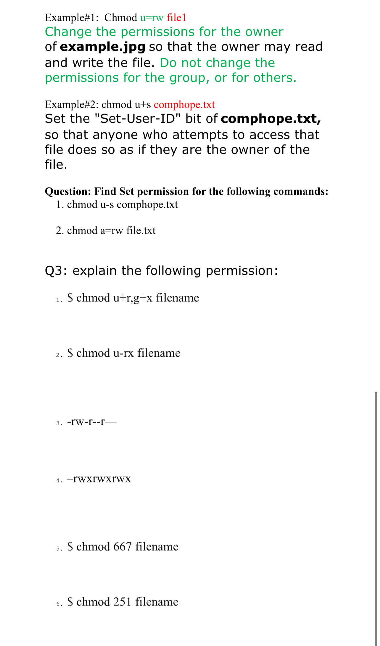  Example#1: Chmod u=rw file1 Change the permissions for the owner of