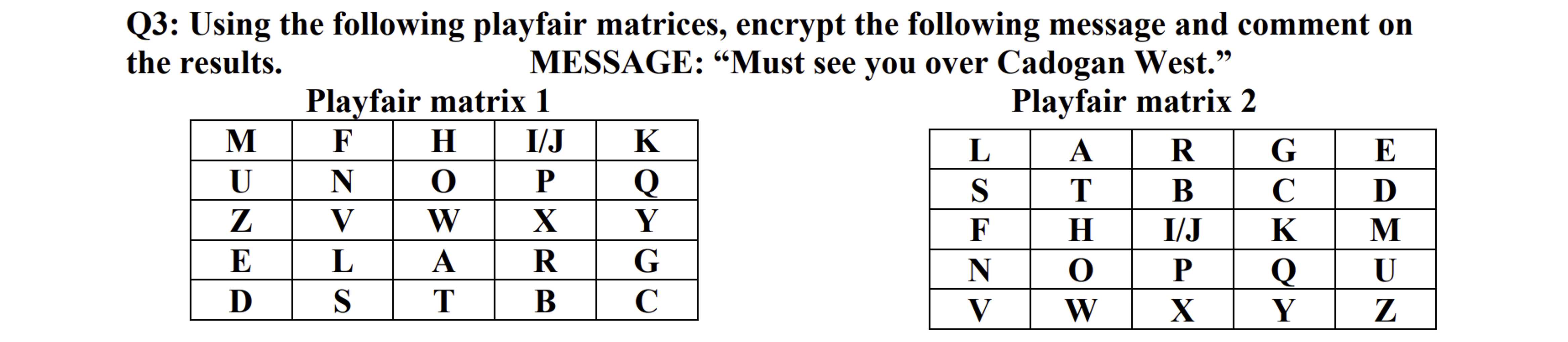  Q3: Using the following playfair matrices, encrypt the following message and