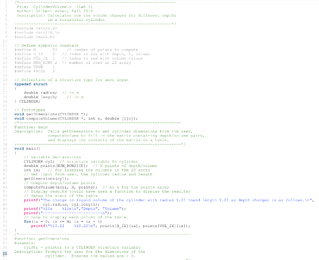 Fix syntax errors and debug the following program: File: CylinderVolume.c (Lab 5)