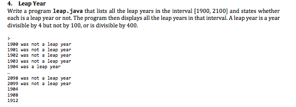  4. Leap Year Write a program leap.java that lists all the