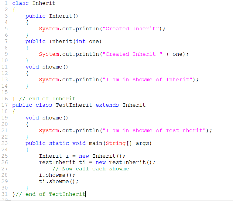 of the method showme in the Testinherit class an example of overloading