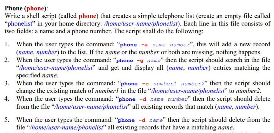 Write a bash shell script that does the following : Phone (phone):