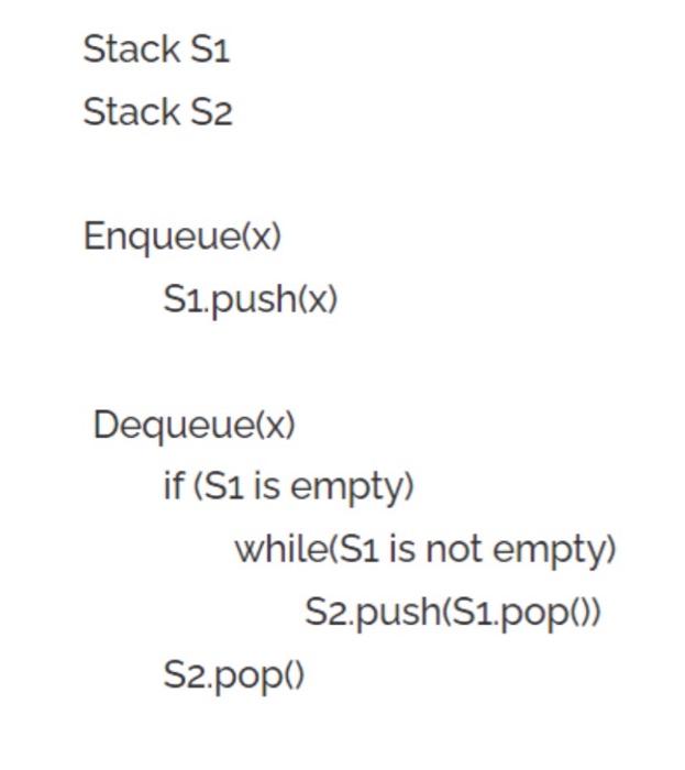  Stack S1 Stack S2 Enqueue(x) S1.push(x) Dequeue(x) if (S1 is empty)